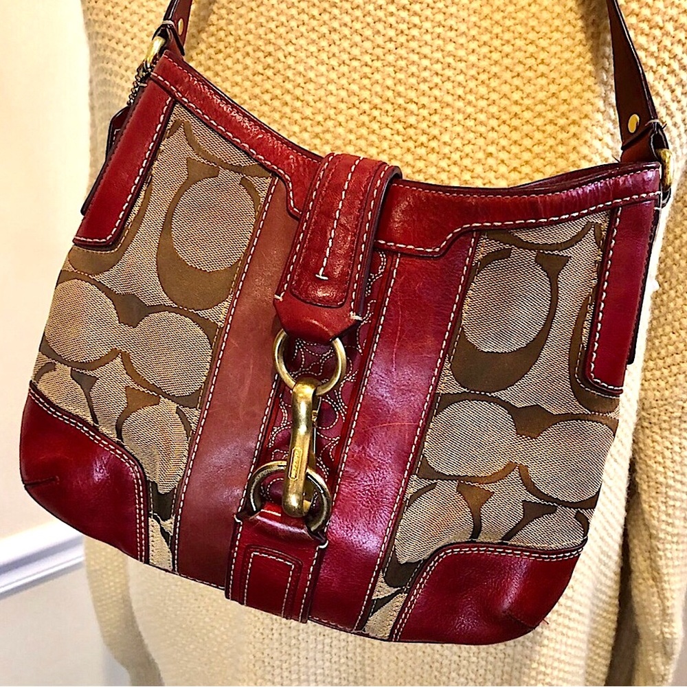 COACH Hampton Signature C Canvas Crimson Red Leather Embroidered Shoulder Bag - Picture 3 of 16